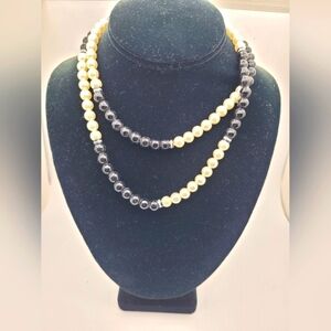 Black Bead and Faux Pearl Necklace 16"